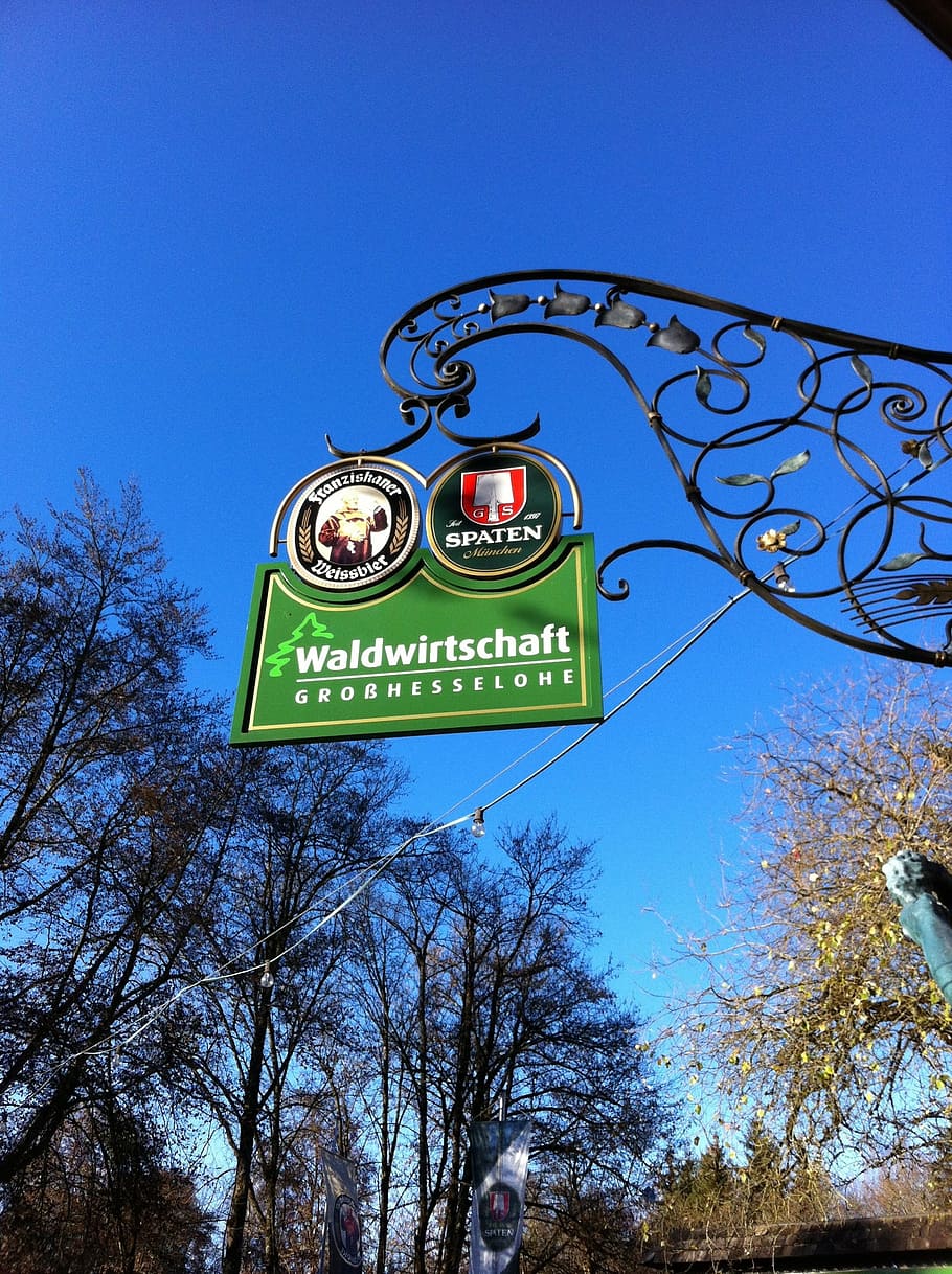forestry, beer garden, sky, blue, munich, text, low angle view HD wallpaper
