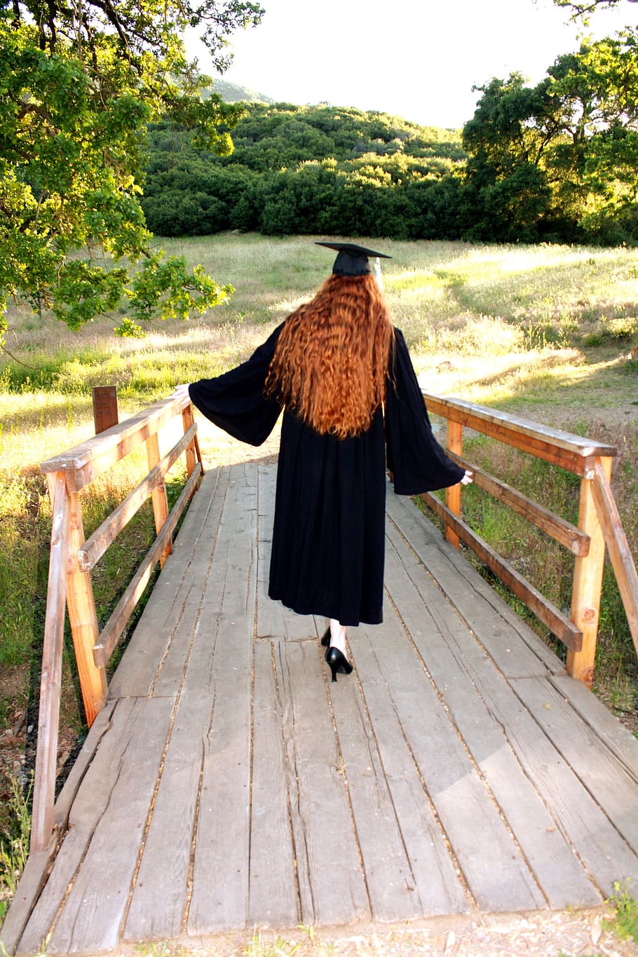 woman in black graduation dress on brown wooden bridge during daytime, HD wallpaper