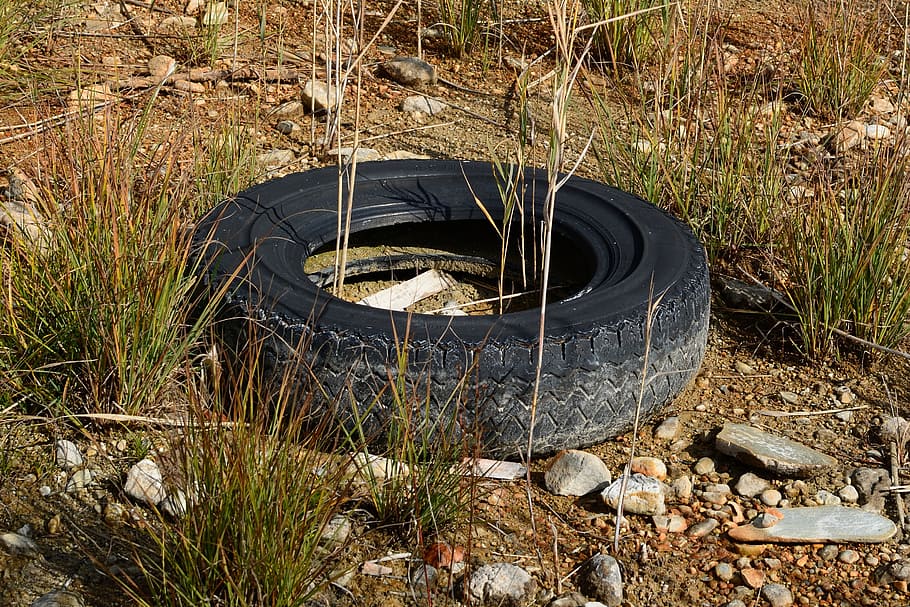 vehicle tire on green grass, altreifen, mature, pollution, garbage HD wallpaper