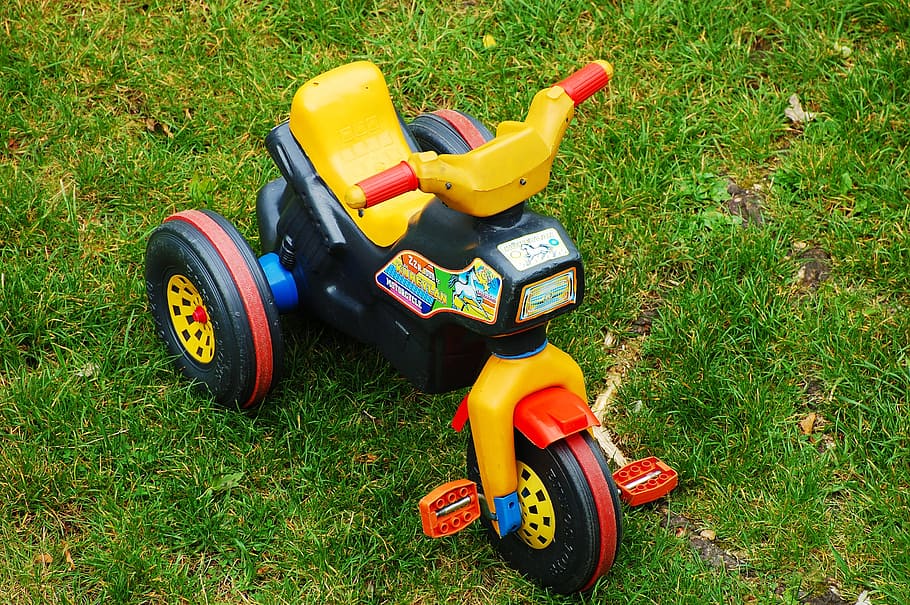 garden, tricycle, meadow, toys, grass, childhood, transportation, HD wallpaper