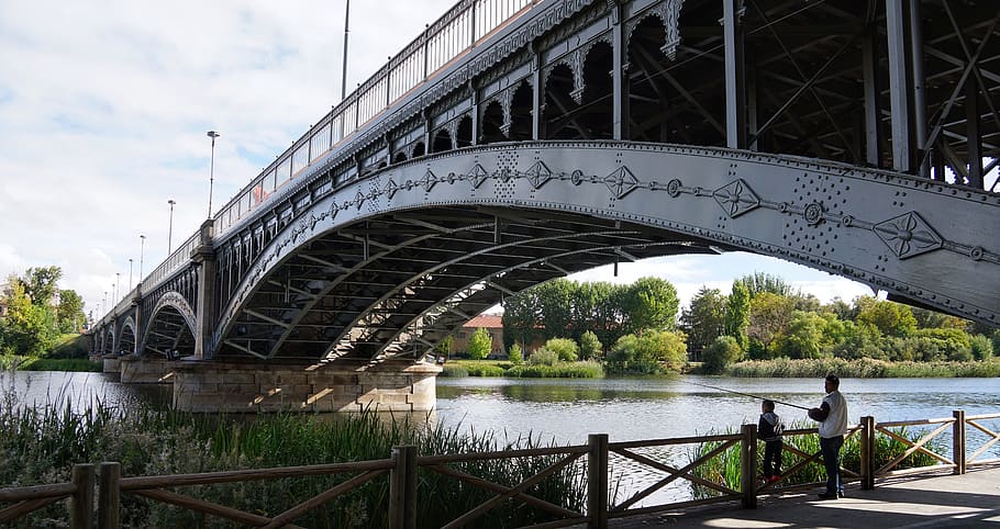 man, boy, father, son, fishing, bridge, river, tormes, salamanca HD wallpaper