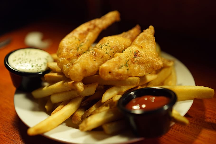 fish and chips, french fries, after french fries, tartar, ketchup, snacks, HD wallpaper