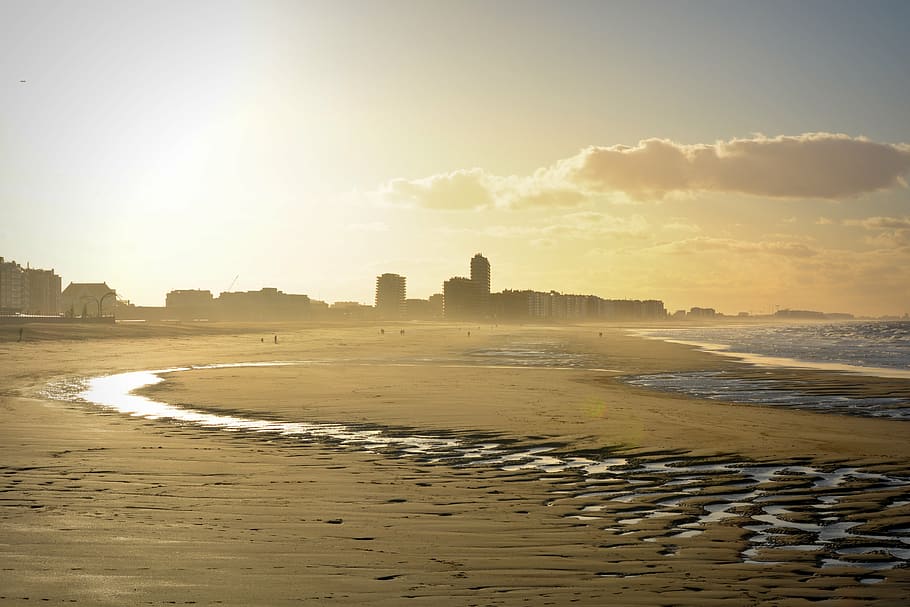 sea, panorama, view, oostende, sunlight, buildings, horizon HD wallpaper