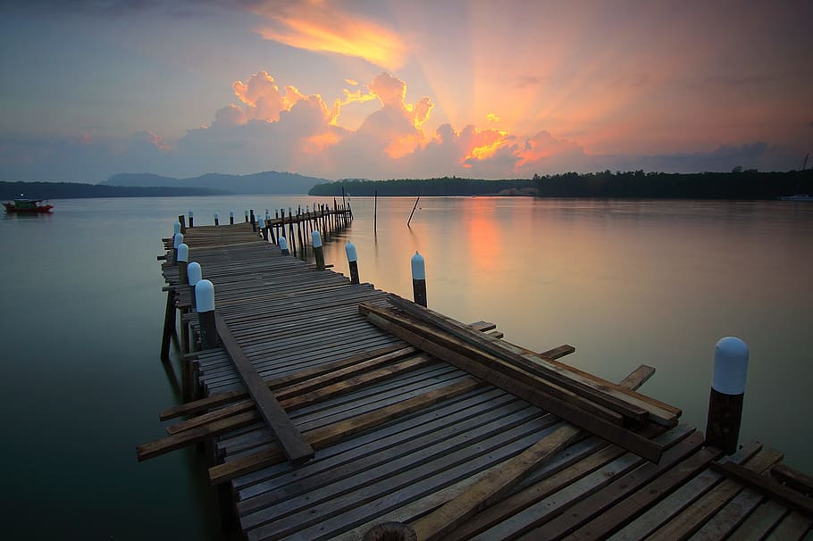 jetty, dawn, landscape, sky, boat, dock, lake, outdoors, reflections HD wallpaper