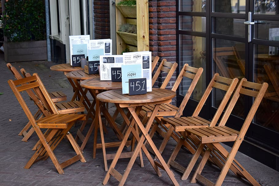 chairs, tables, restaurant, outside, wood - material, seat HD wallpaper