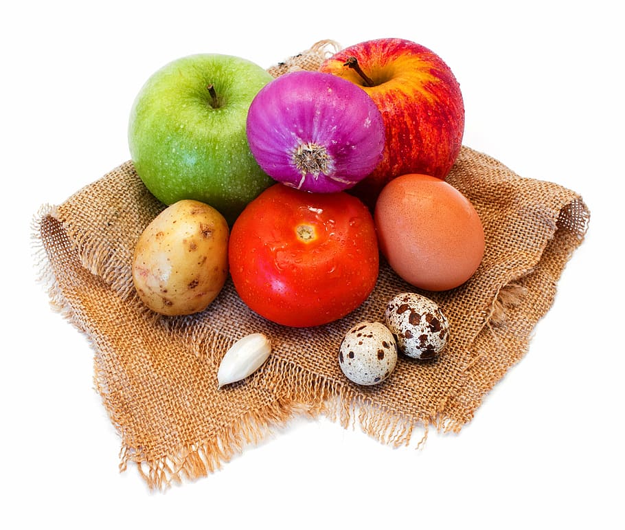 vegetables, tomato, apple, garlic, potatoes, egg, wet, fabric HD wallpaper