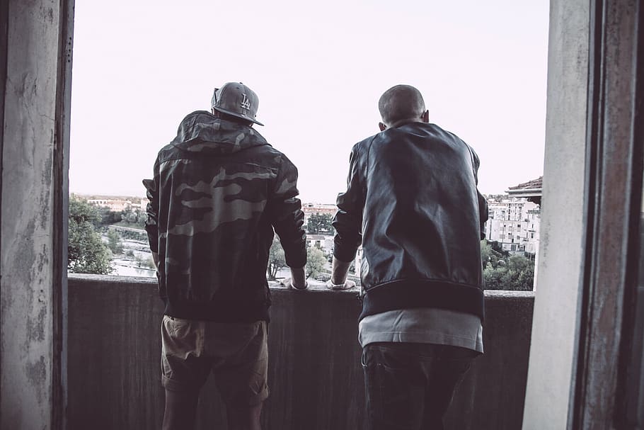 two men wearing jackets standing on balcony, friends, people, HD wallpaper