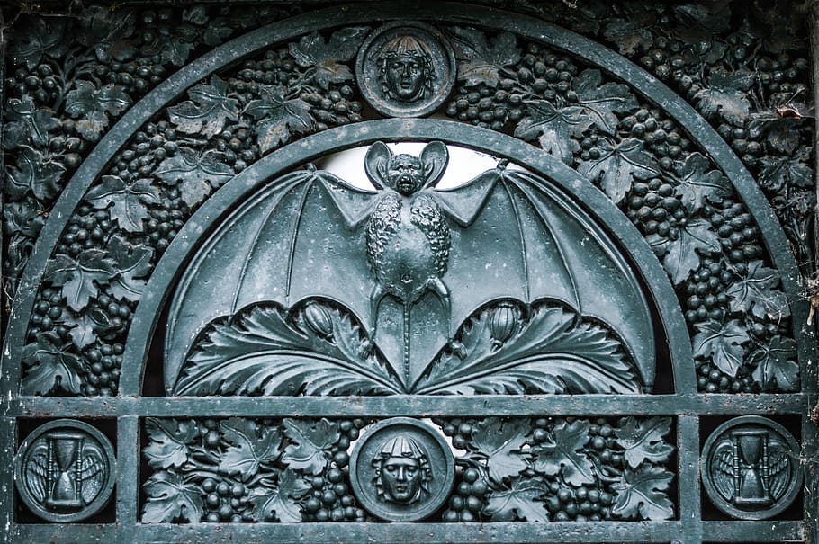 gray steel bat wall decor, door, detail, old, dark, cemetery