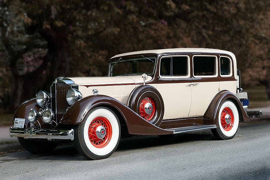 vintage white and brown car on road, packard, 1934, classic HD wallpaper