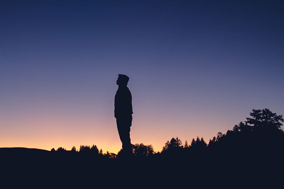 silhouette photo of man standing during sunset, guy, dusk, sky