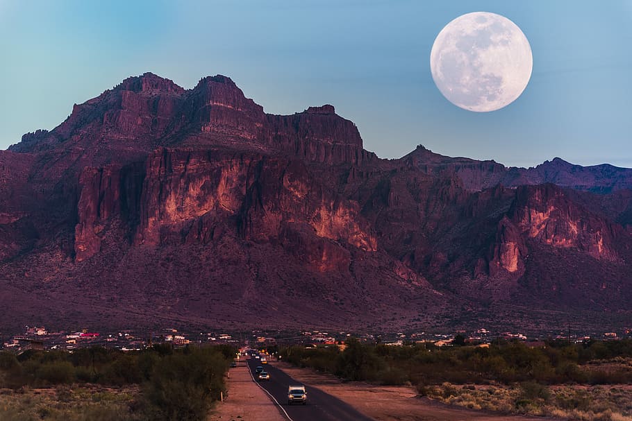 landscape photography of brown mountain under moon, landscape photography of brown mountain under blue sky HD wallpaper