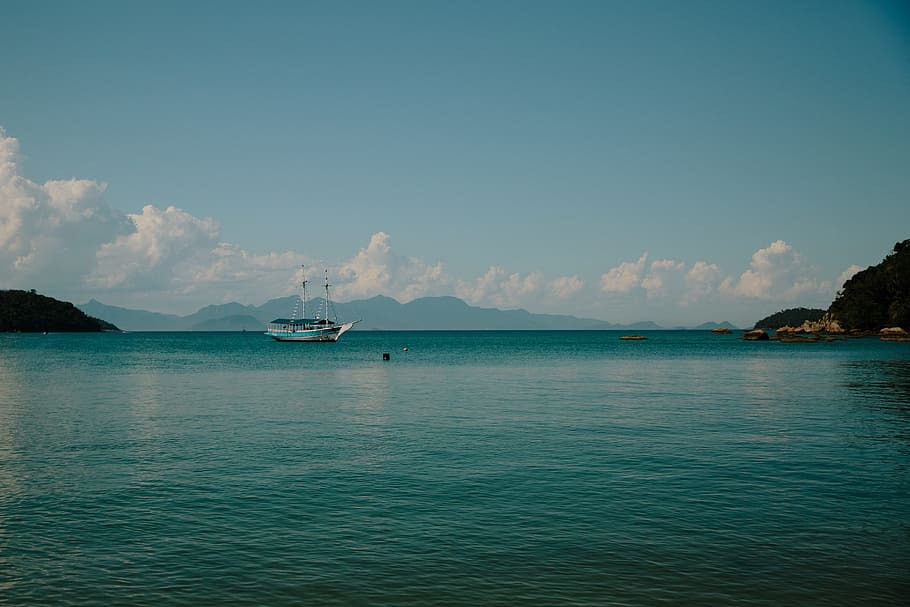 boat, ship, water, ocean, sea, islands, mountains, blue, sky HD wallpaper