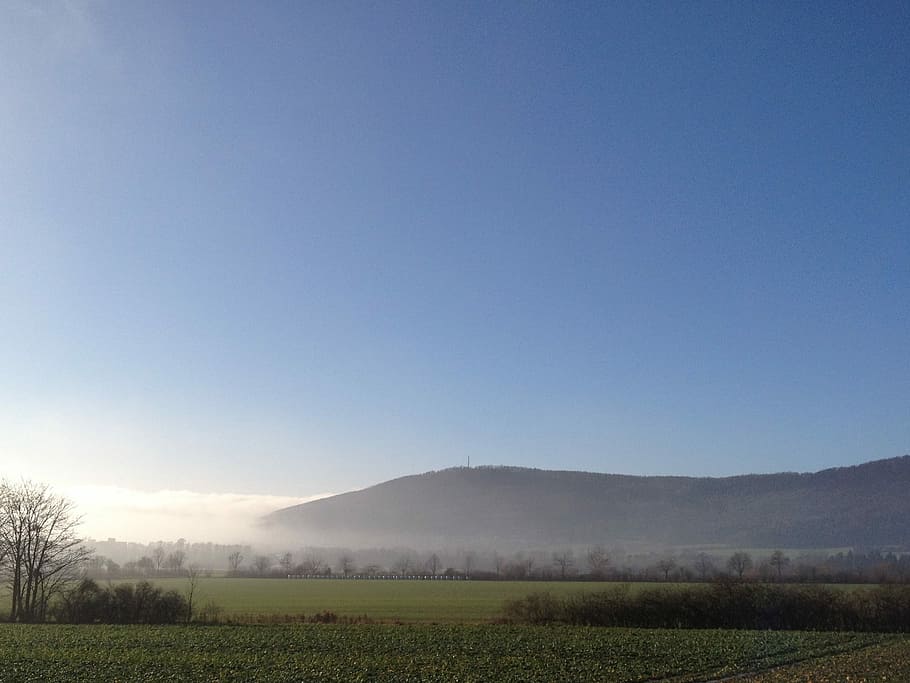 Deister, Fields, Hazy, Fog, Sunrise, rural scene, landscape HD wallpaper