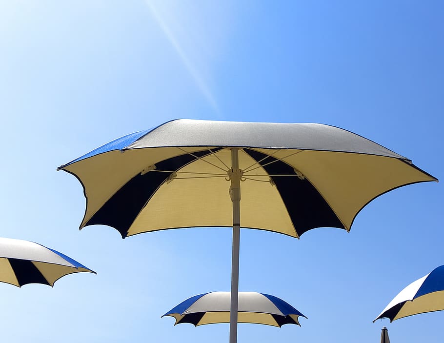 parasol, parasols, sun, blue sky, beach, relax, shadow, shade tree, HD wallpaper