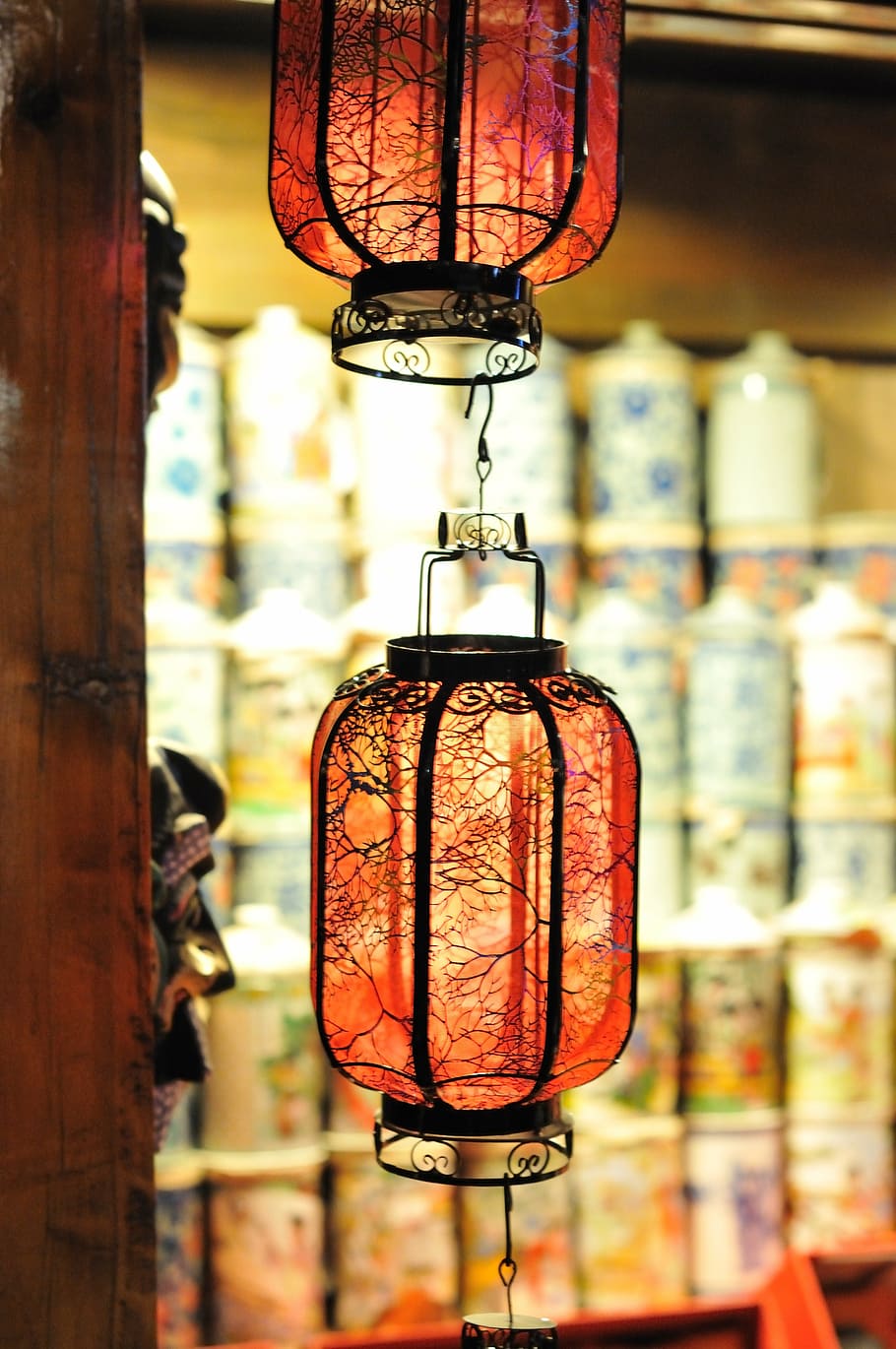 lantern, the night, hou hai, hanging, lighting equipment, focus on foreground HD wallpaper