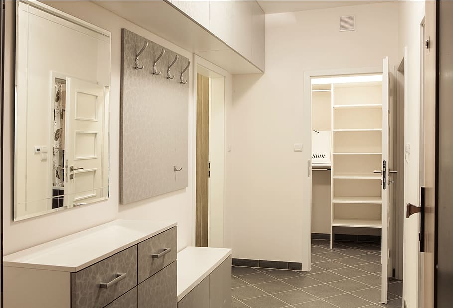 white and grey wooden dresser with mirror, be, corridor, cabinet HD wallpaper