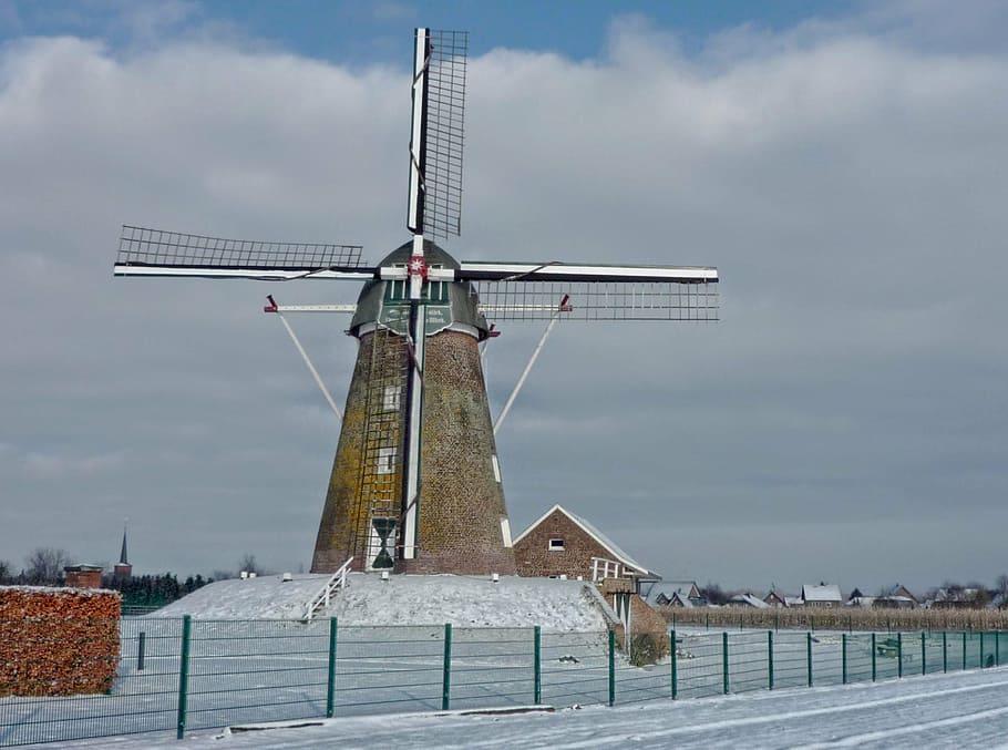 germany, winter, snow, sky, clouds, landscape, scenic, windmill HD wallpaper