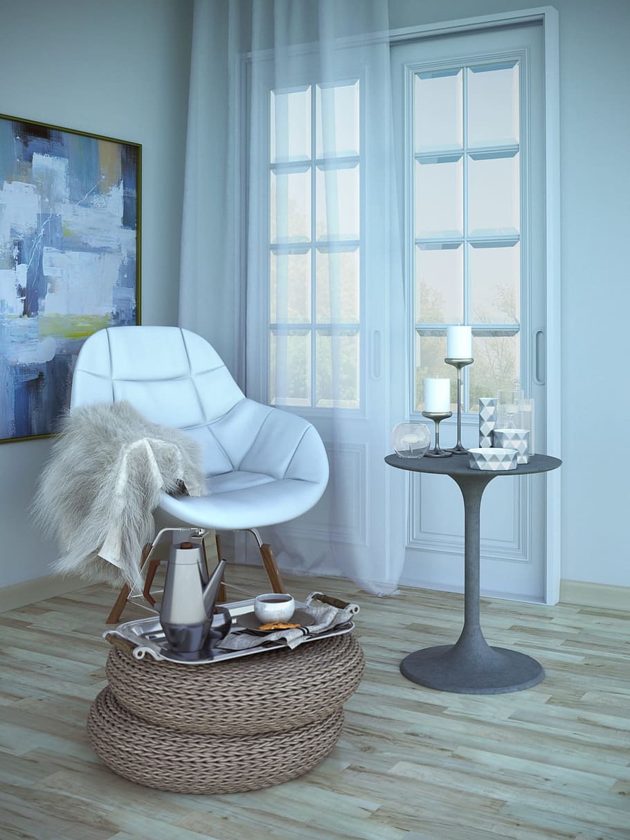 white leather chair near closed white wooden door, interior HD wallpaper