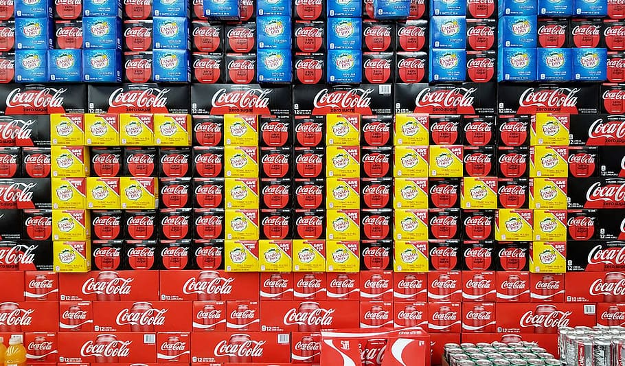 Coca-Cola box lot, Coca-Cola Fun mosaic, display, coke, store, HD wallpaper