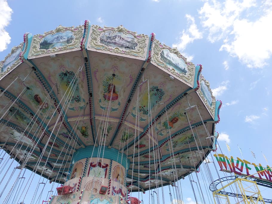 kettenkarusell, carousel, sky, blue, colorful, ride, folk festival HD wallpaper