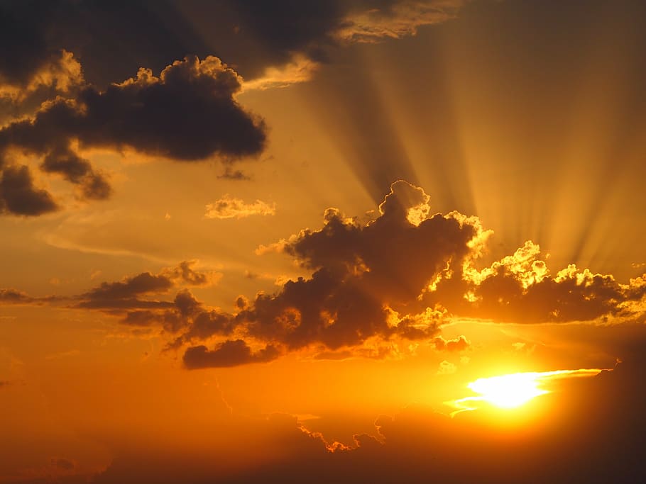 sunset covered by clouds, sky, mood, afterglow, rays, orange color HD wallpaper