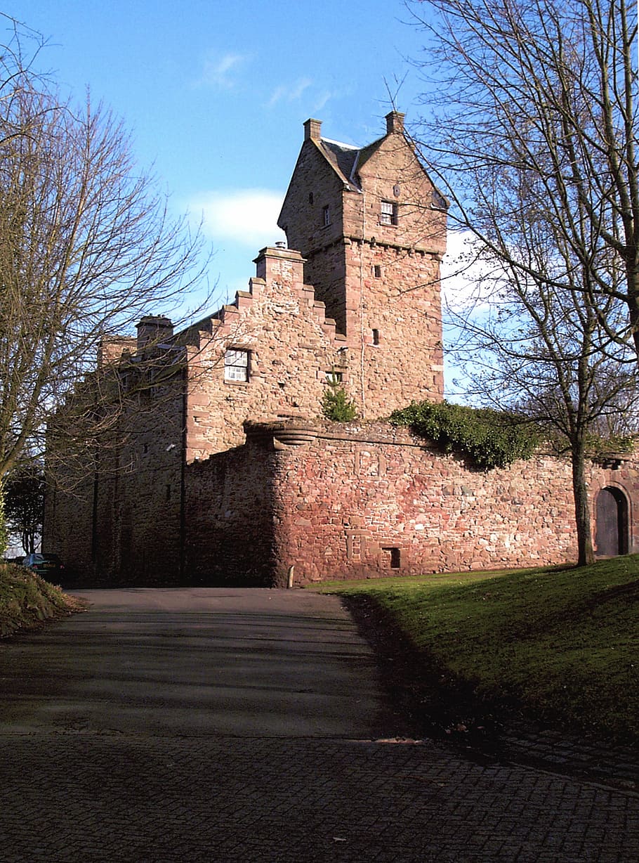 castle, old, trees, sky, grass, road, architecture, built structure HD wallpaper
