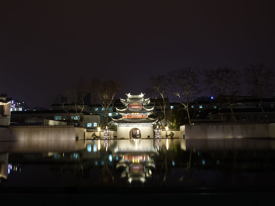 Water Features, Night View, historical sites, reflection, lights HD wallpaper