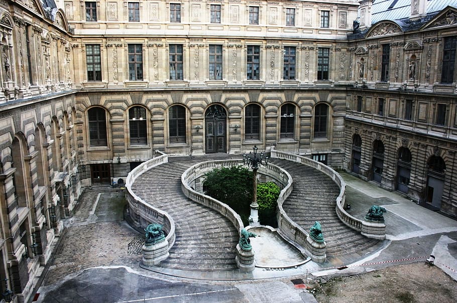 concrete building with stairs, Louvre, Museum, Paris, curve HD wallpaper