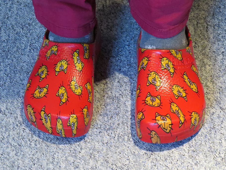 person wearing red rubber sandals, shoe, slipper, clog, shoes HD wallpaper