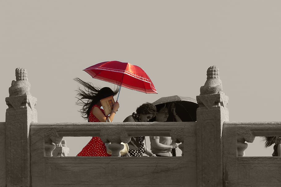 umbrella, red, sunny, protected, women, real people, leisure activity HD wallpaper