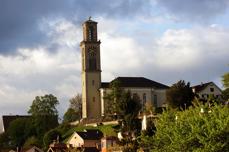 Suwayda Reformed Church, Switzerland, canton of zurich, sky, clouds, HD wallpaper