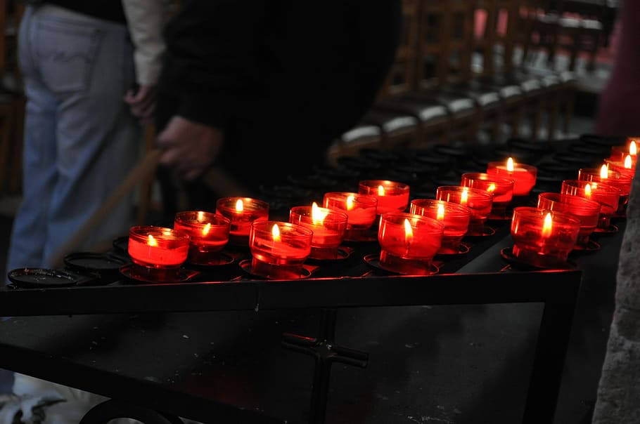 Candles, Fire, Flame, Light, Illuminated, wax candle, church HD wallpaper