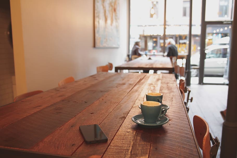 two gray ceramic teacup on brown wooden table, coffee, iphone HD wallpaper