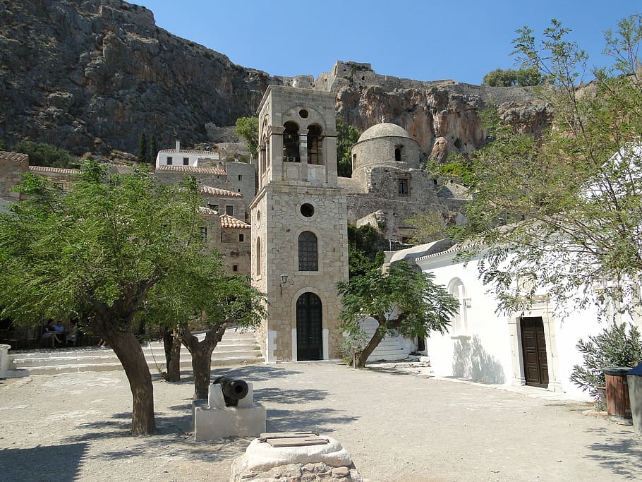 monemvasia, castle, greece, architecture, tree, built structure, HD wallpaper