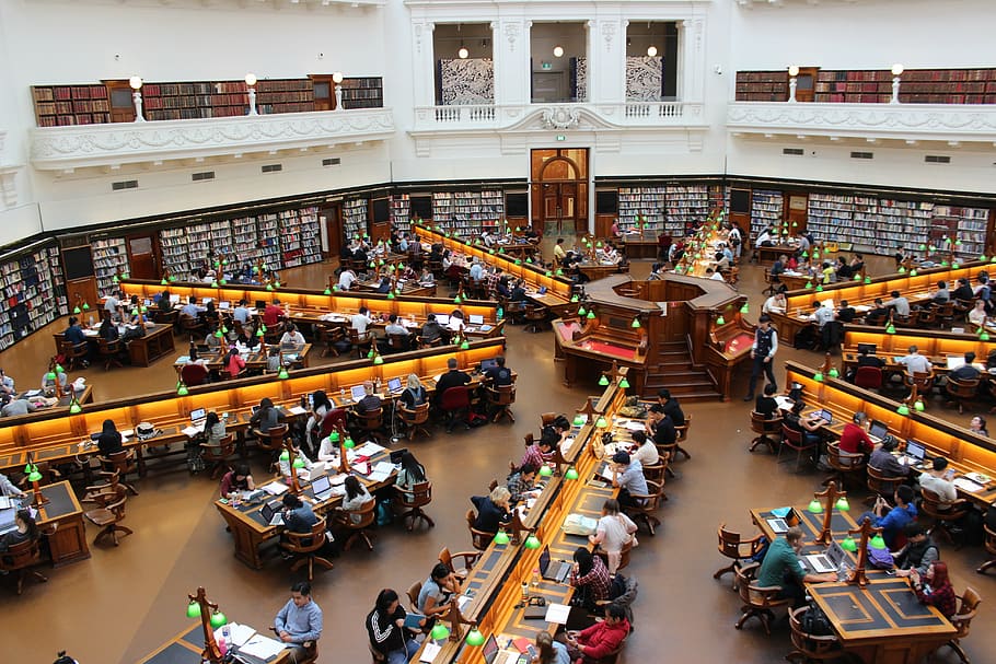 aerial photography of library, la trobe, study, students, row HD wallpaper