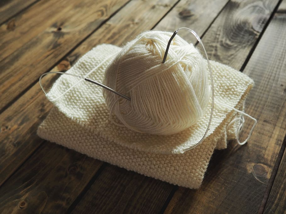 white yarn thread with needles, knitting, tangle, needlework HD wallpaper