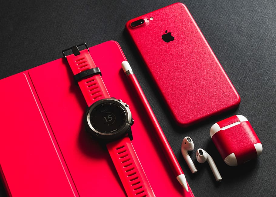 HD wallpaper: PRODUCT RED iPhone 7 plus, AirPods case with case, red strap  smartwatch | Wallpaper Flare