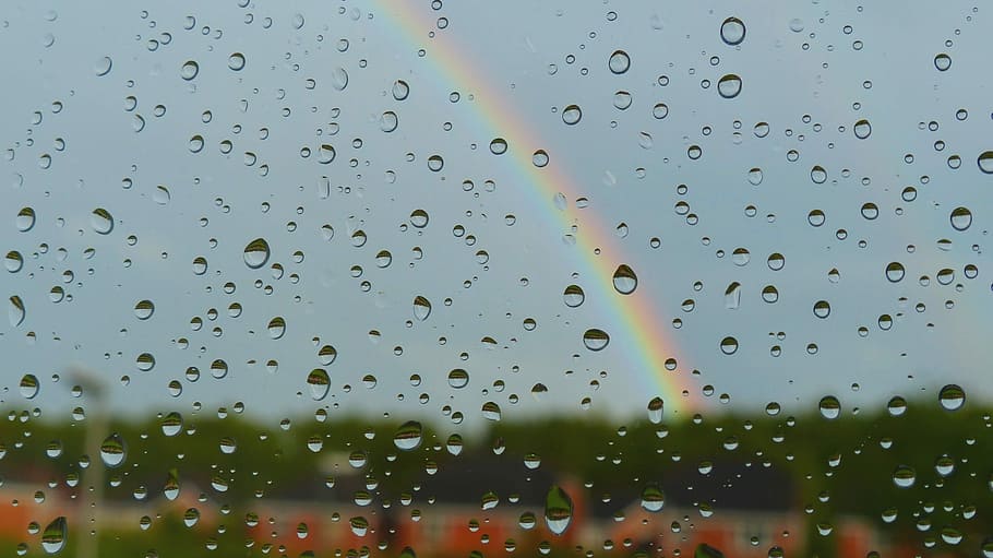 Raindrops, Rainbow, Weather, window, wet, water, sky, no people HD wallpaper