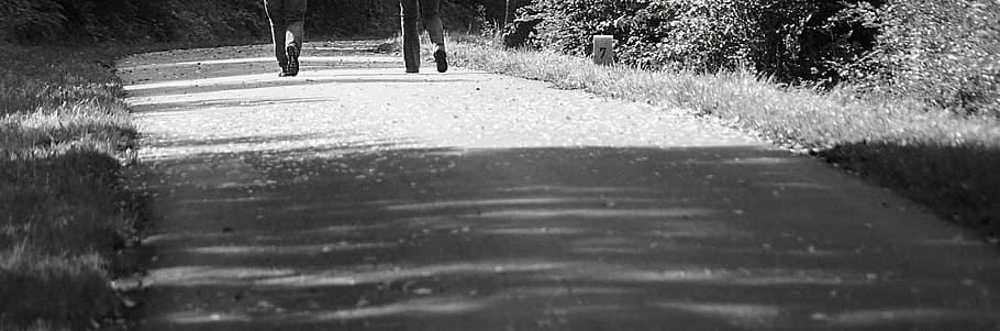 grayscale photo of two person walking on pathway, Trail, Feet