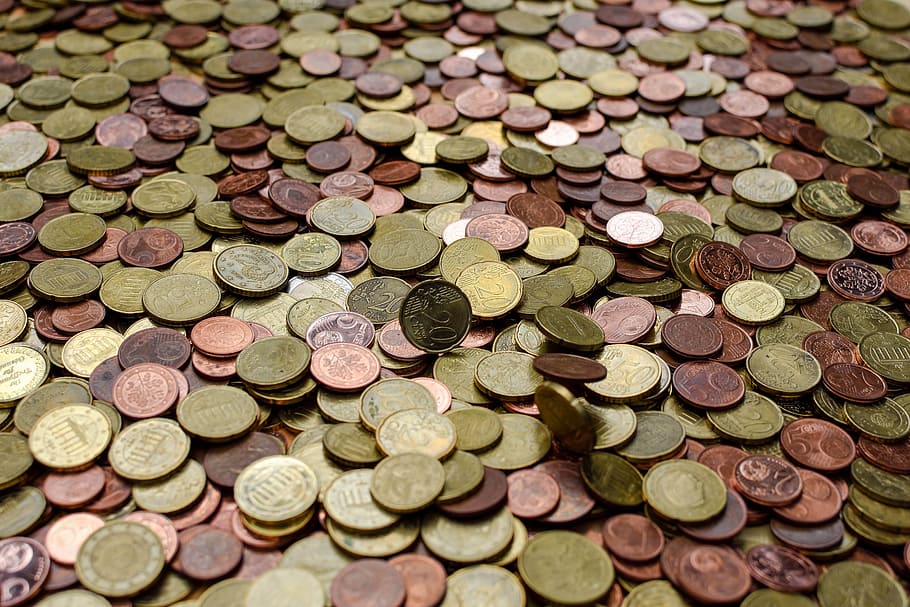 coin lot, coins, money, metal, euro, specie, loose change, cash, HD wallpaper
