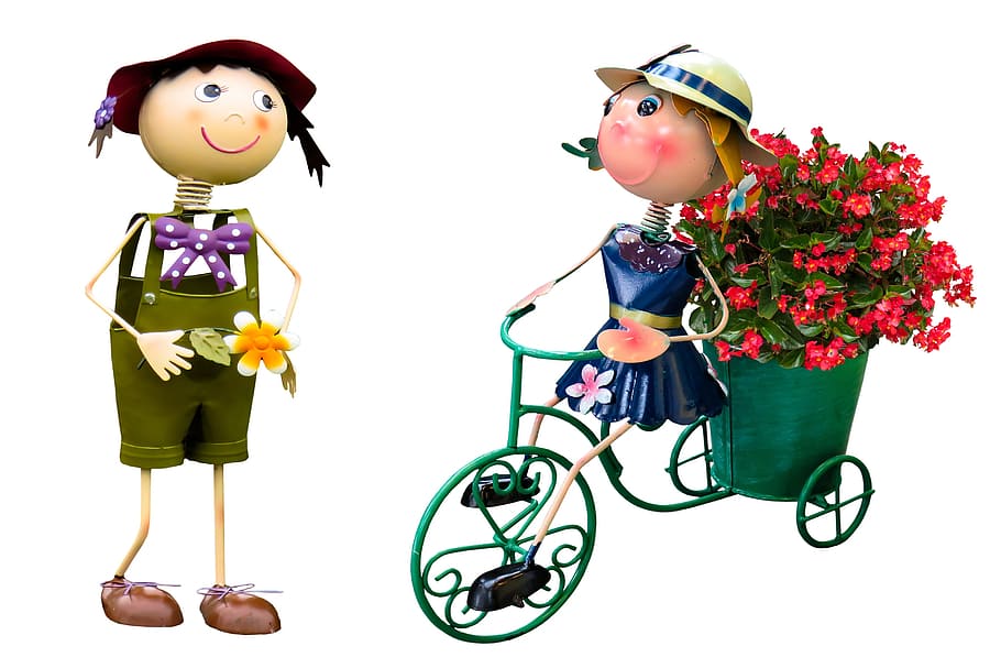 woman riding bike figurine, garden, flowers, figures, decoration, HD wallpaper
