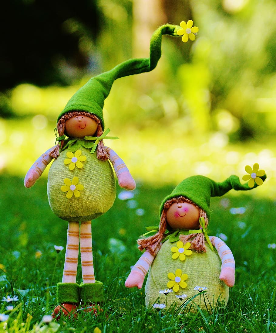 spring imp, dwarfs, funny, cute, sweet, meadow, green, children only HD wallpaper