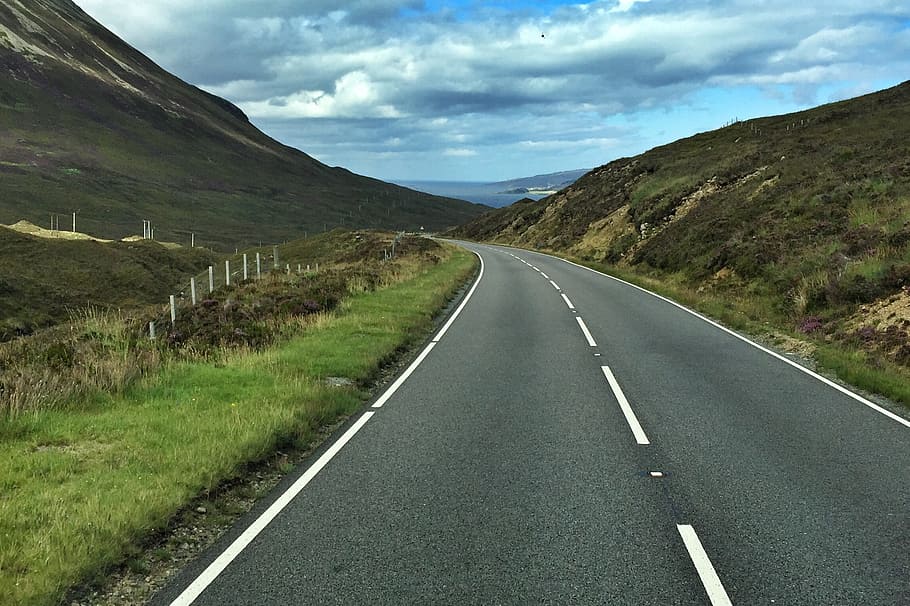 road, path, travel, green, grass, blue, sky, clouds, highland HD wallpaper