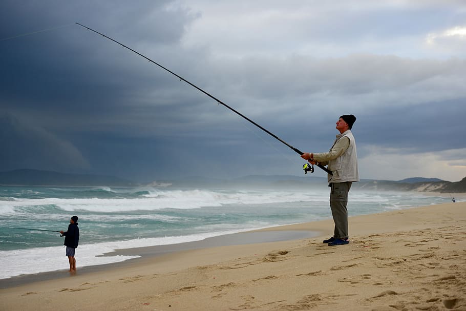 Fishing, Stormy, Clouds, Beach, Ocean, coast, cloudy, seascape HD wallpaper