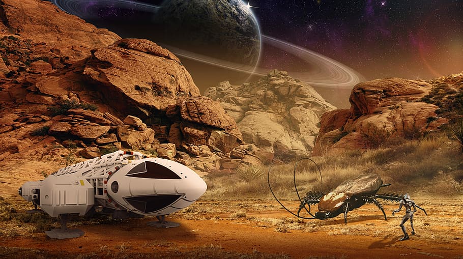 alien near white aircraft, spaceship, robot, science fiction HD wallpaper