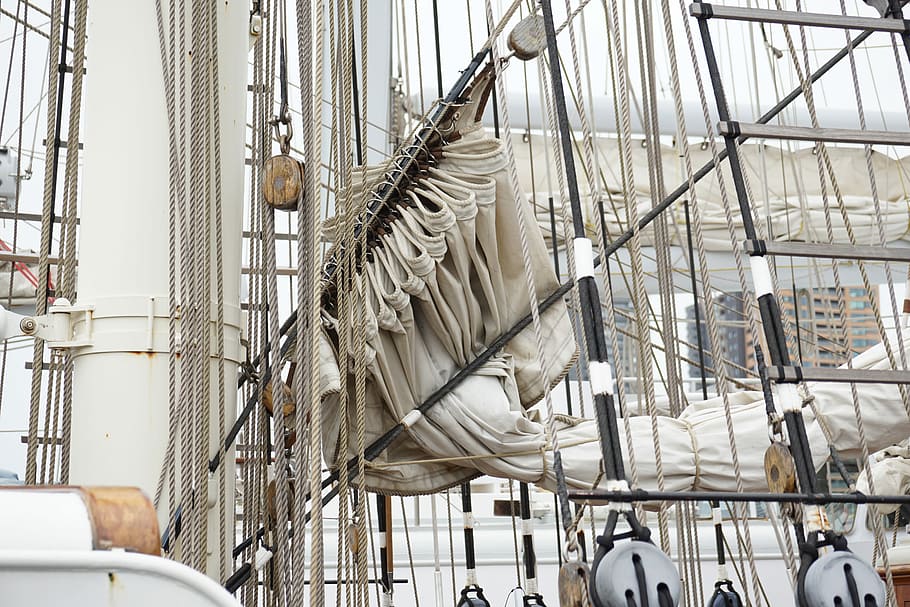 white and black flag ship, white sailship, sailing, nets, knots HD wallpaper