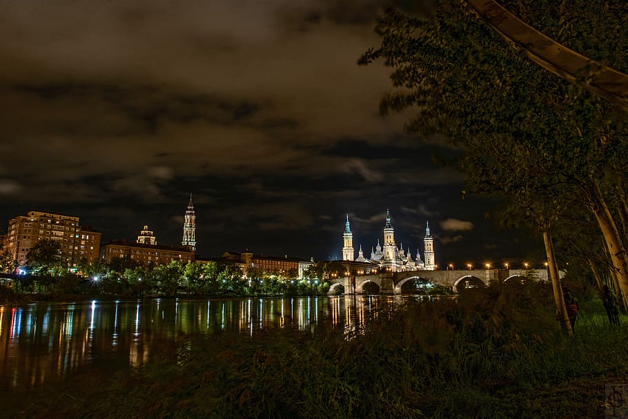 saragossa, monument, temples, night, architecture, water, built structure HD wallpaper