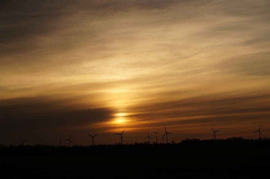 sunset, abendstimmung, romantic, sky, wind turbines, wind energy HD wallpaper