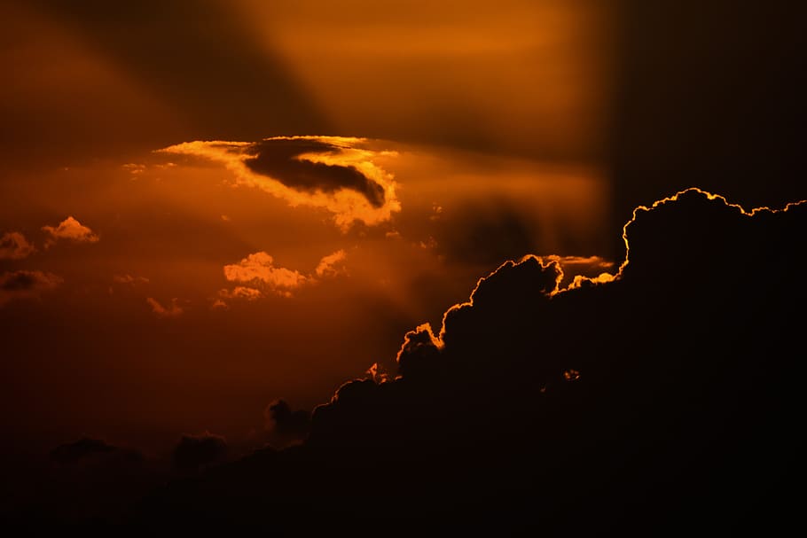 orange sky with clouds, sunset, dusk, evening, sunlight, sunbeam HD wallpaper