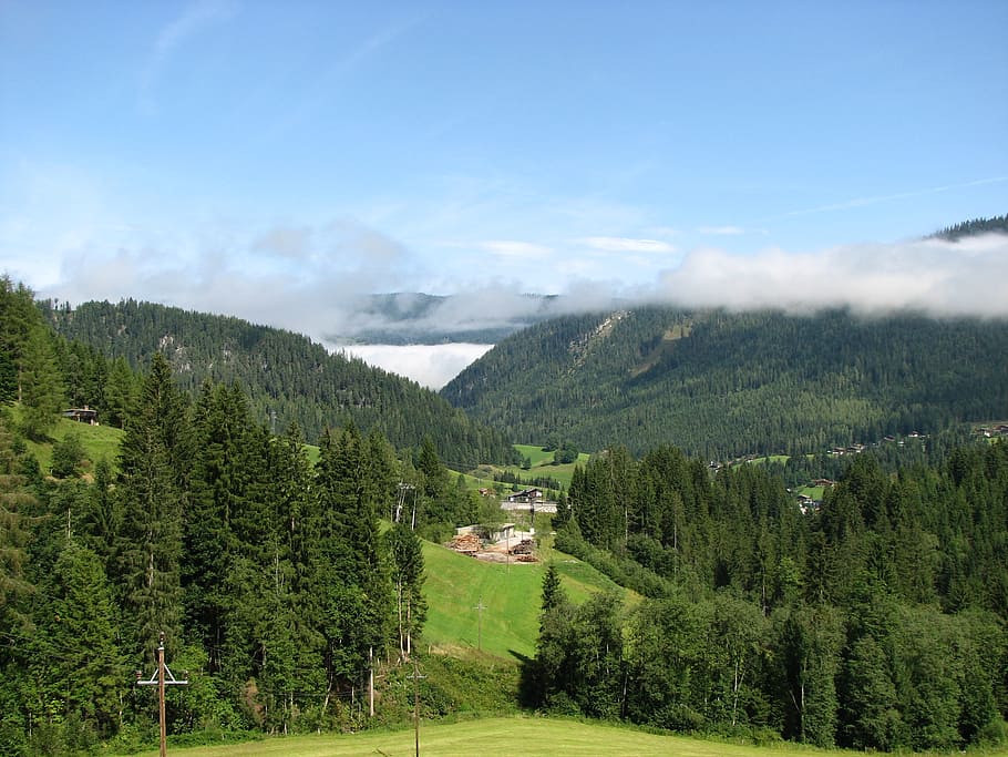mountain, alpine, clouds, sky, fog, blue, nature, creation HD wallpaper